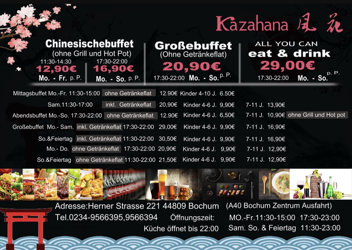 Farbiges Buffetplakat mit chinesischem Dekor, Speiseauswahl und Preisen